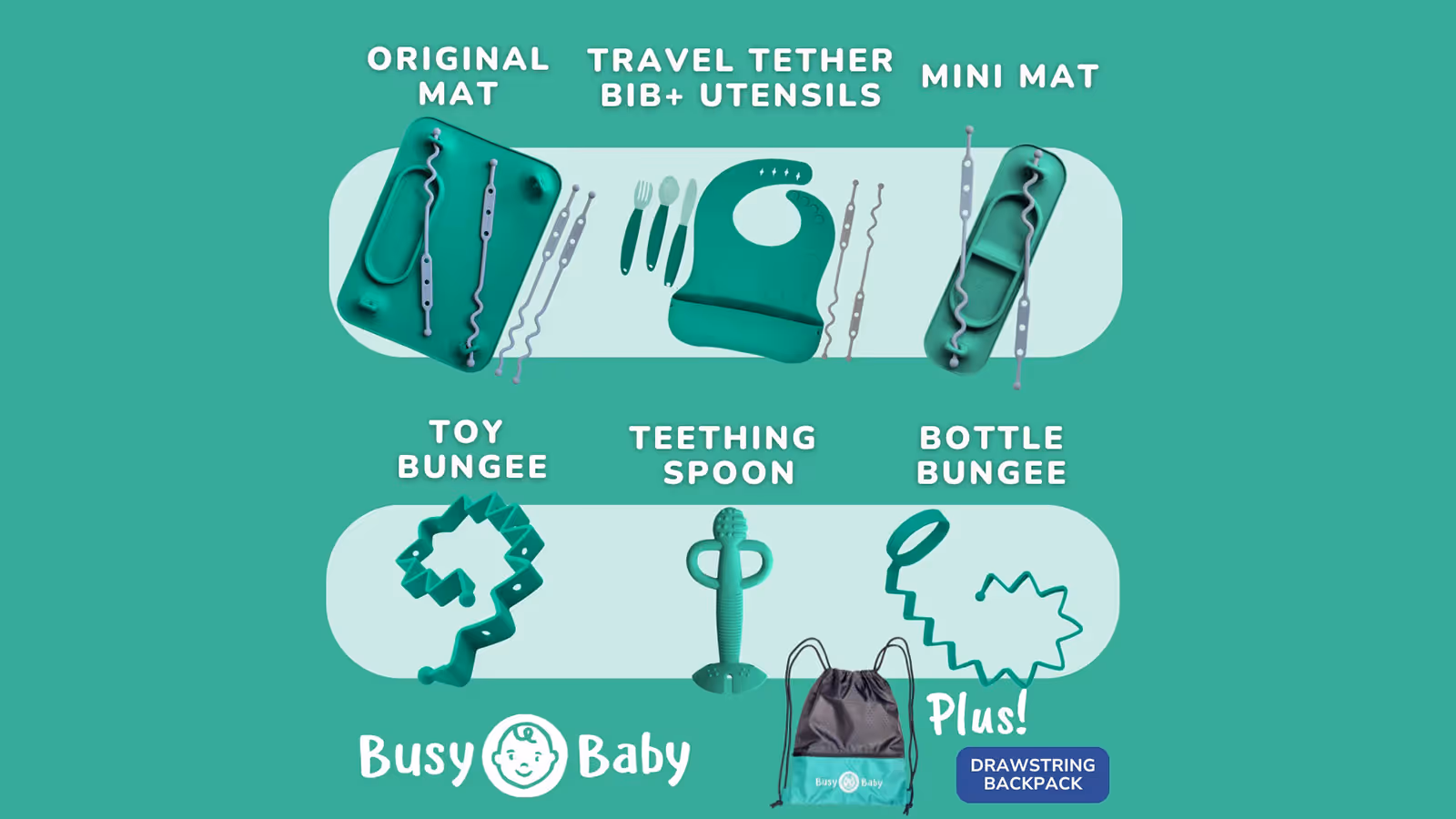Busy Baby Bundle of Original Mat, Travel Tether Bib & Utensils, Mini Mat, Toy Bungee, Teething Spoon, Bottle Bungee.