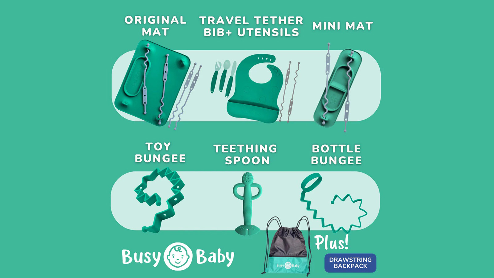 Busy Baby Bundle of Original Mat, Travel Tether Bib & Utensils, Mini Mat, Toy Bungee, Teething Spoon, Bottle Bungee.
