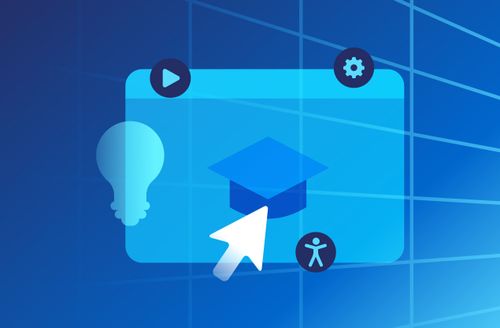Blue grid design with pop-up window of training module with light bulb and accessibility icons.