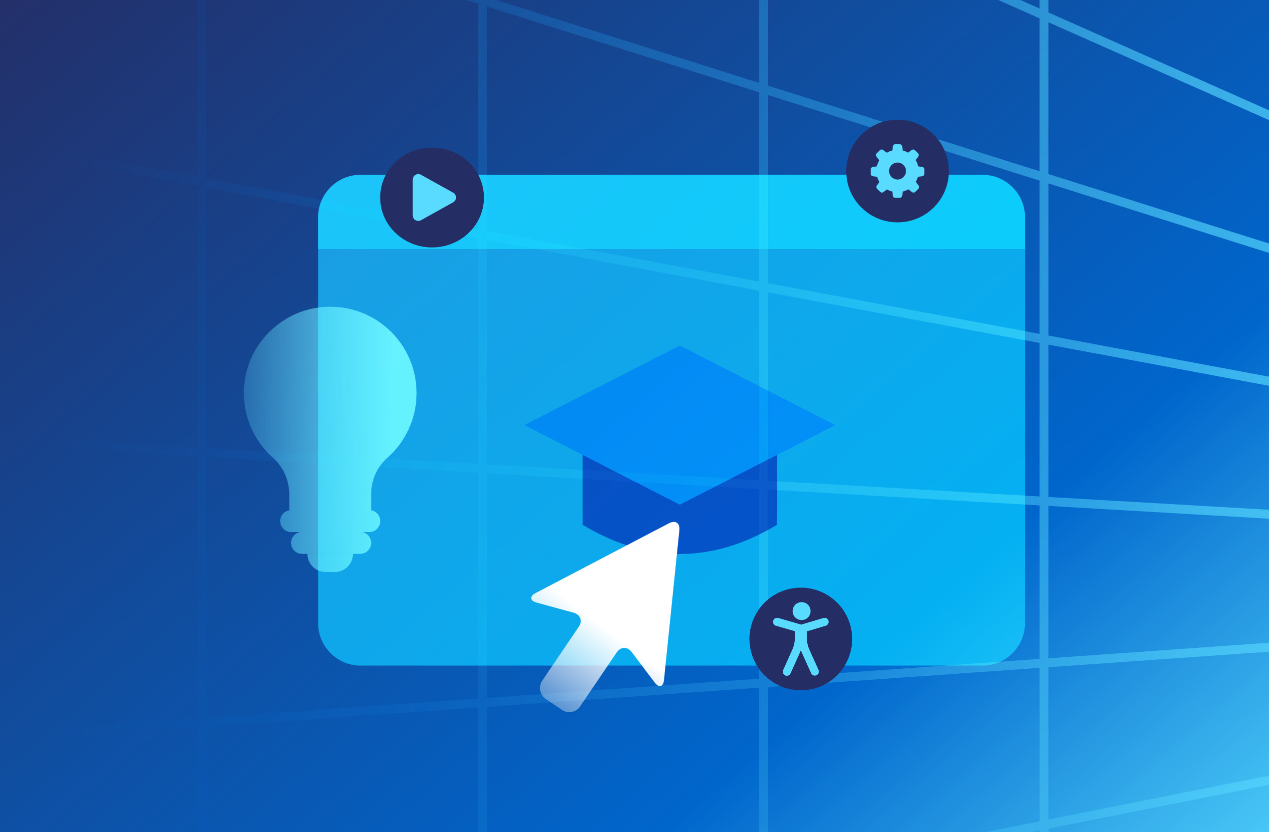 Blue grid design with pop-up window of training module with light bulb and accessibility icons.