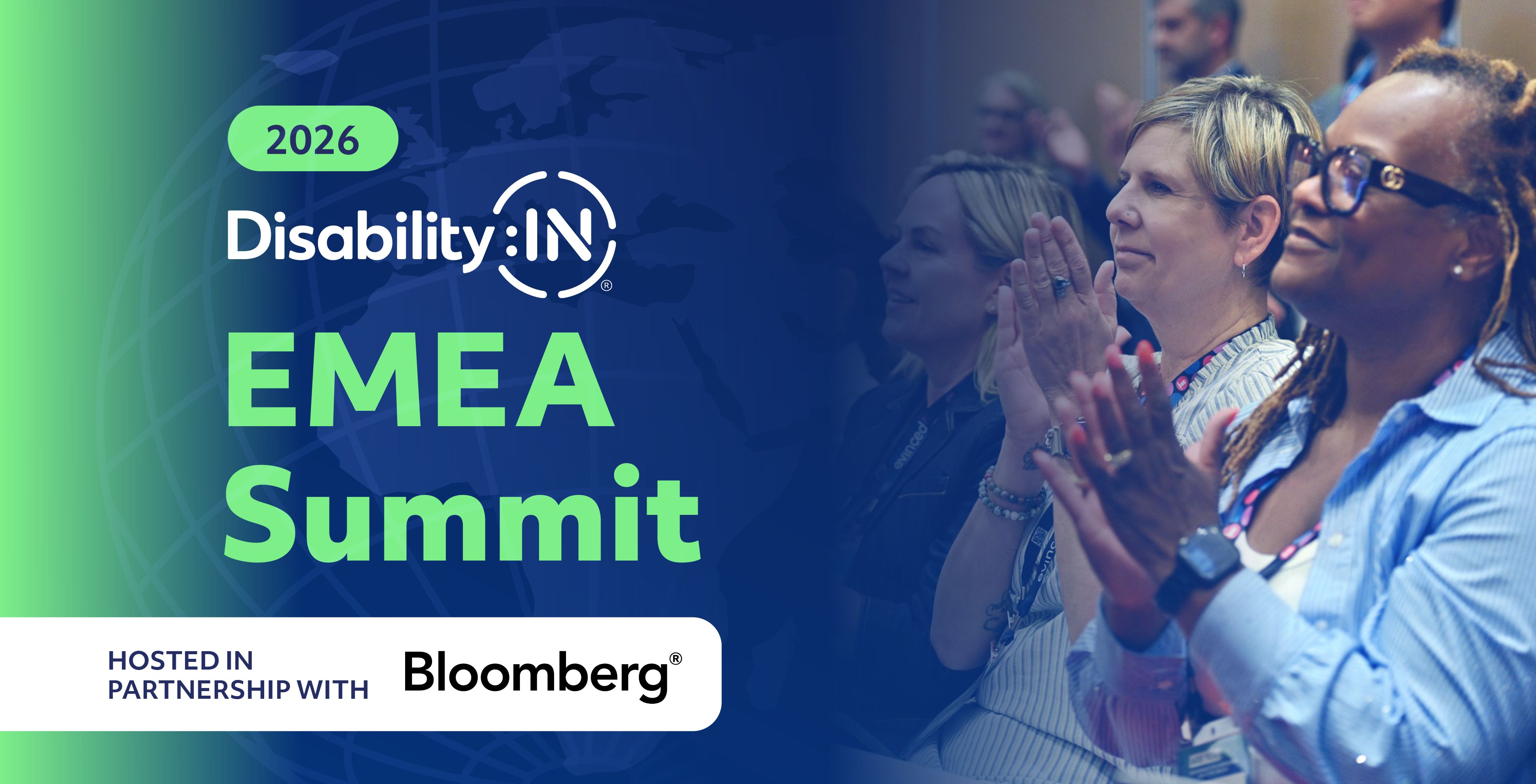 Audience members clap while watching a session at a DisabilityIN Conference. Text reads: 2026 EMEA Summit Hosted in partnership with Bloomber