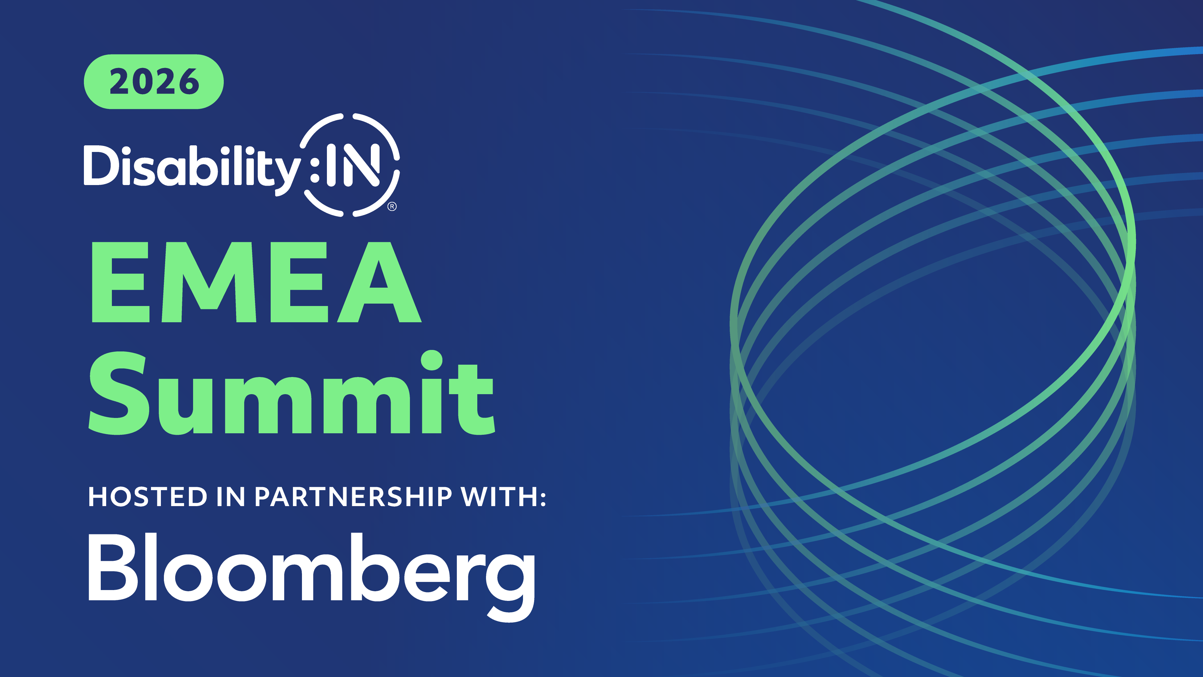 2026 Disability:IN® EMEA Summit. Hosted in Partnership with: Bloomberg. Dark blue background with neon striped nexus design.