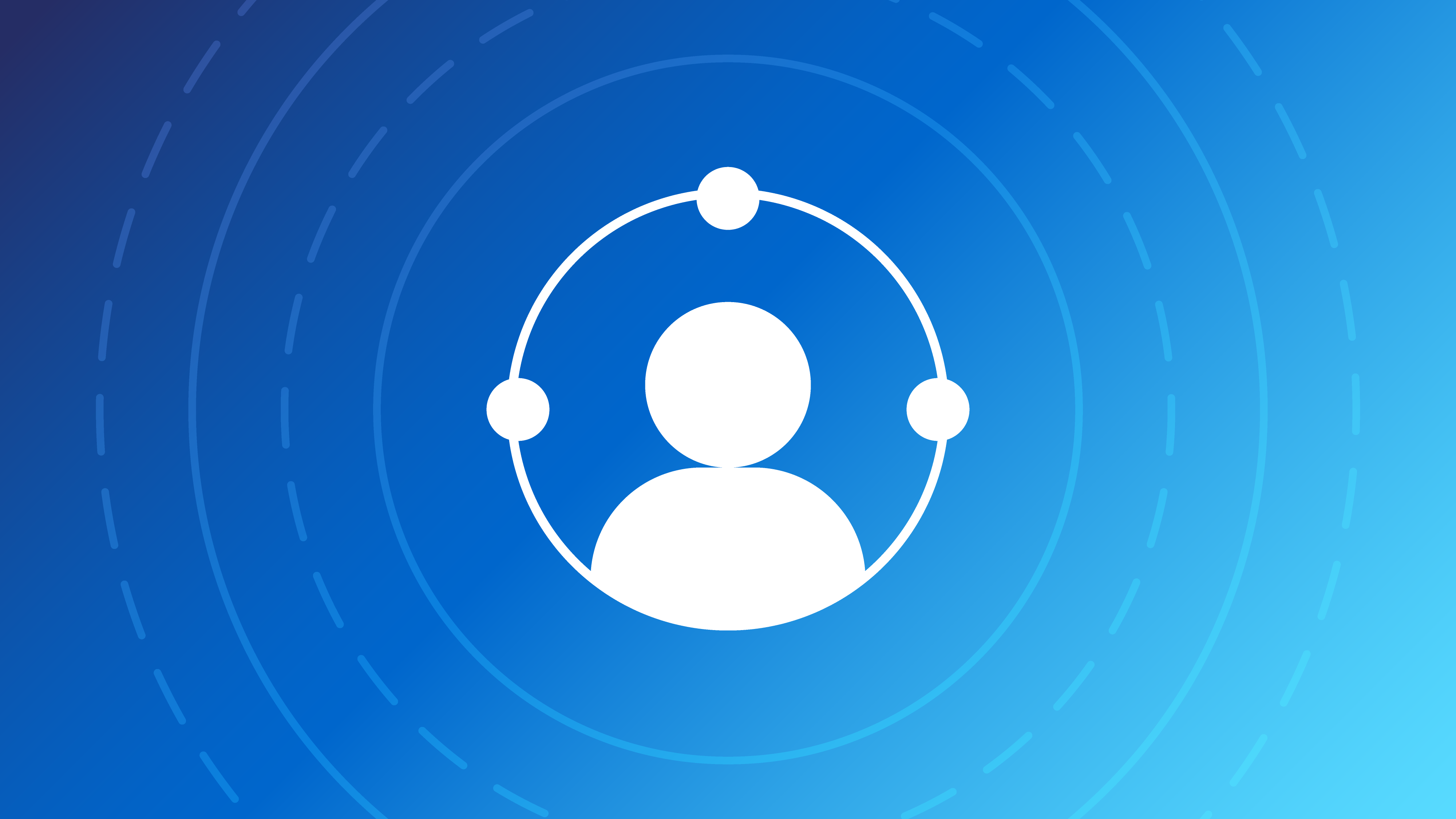 Silhouette icon with connecting dots. Enclosed in concentric circles and blue gradient background.