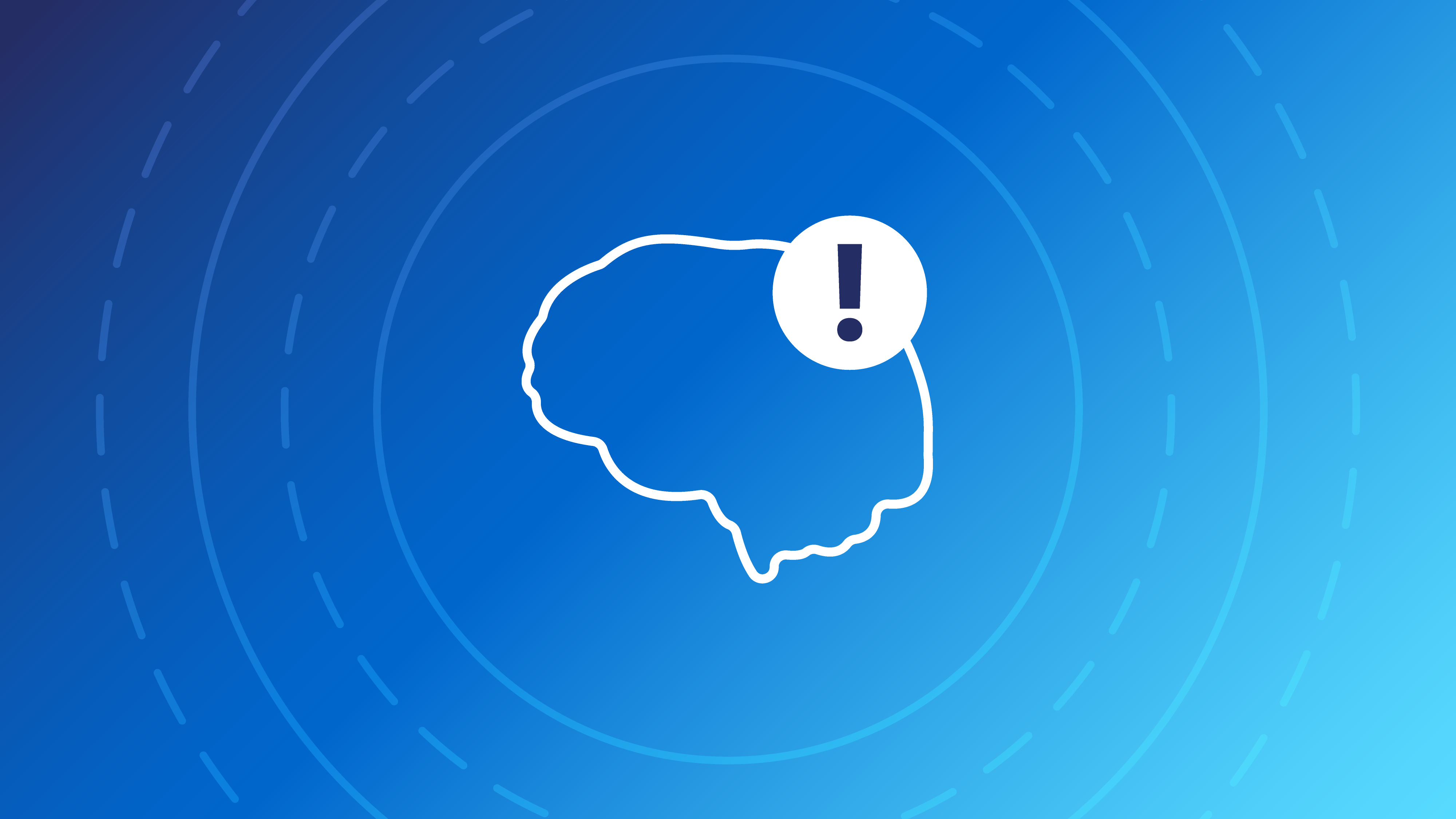 Brain outline with exclamation point. Concentric circles overlay with blue gradient background.