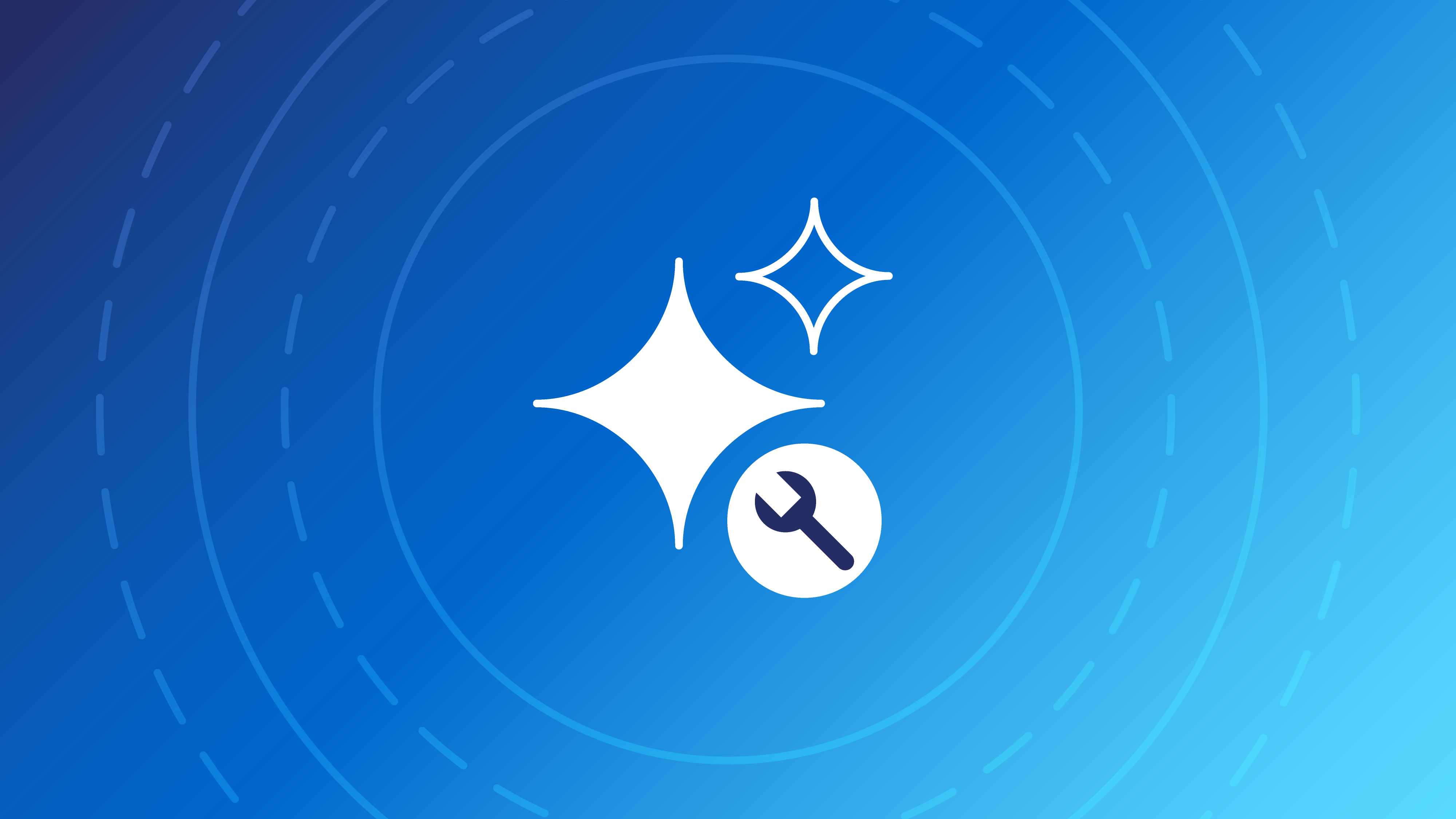 AI sparkle icon with tool icon. Concentric circle overlay with blue gradient background.
