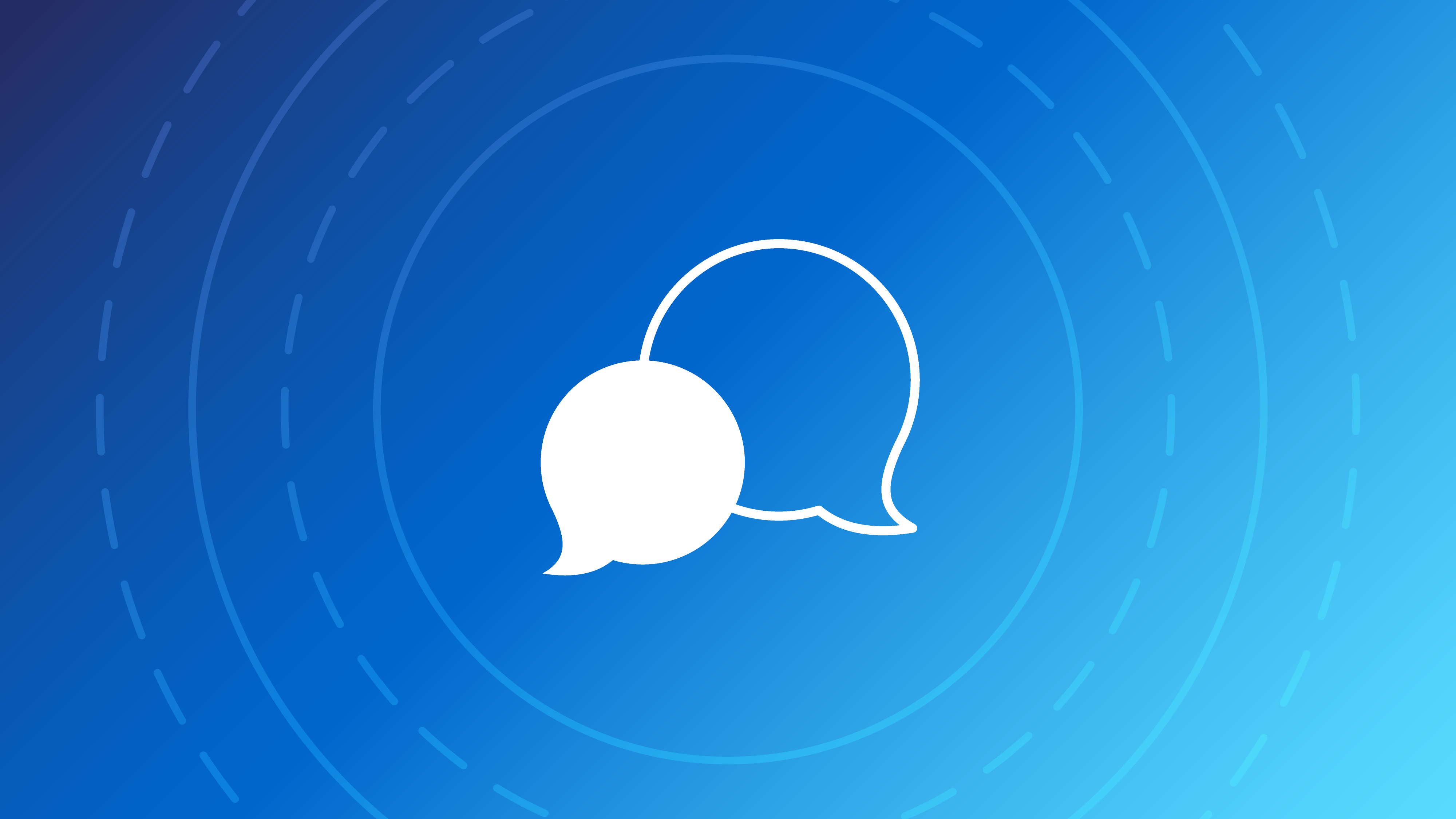 Speech bubbles overlay with concentric circles and blue gradient background.