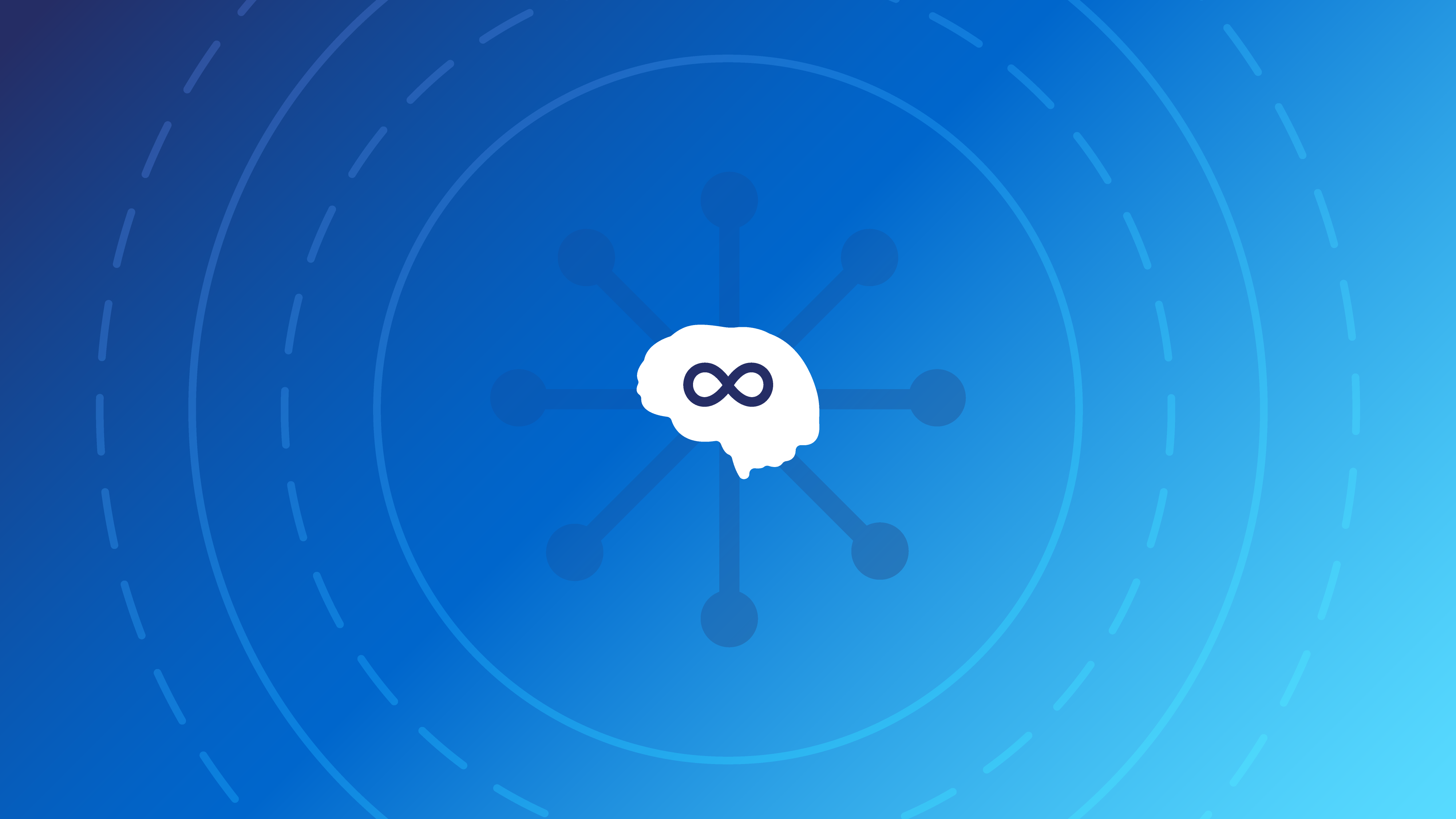 Brain and neurodiversity infinity icons overlay a blue concentric circle gradient background.