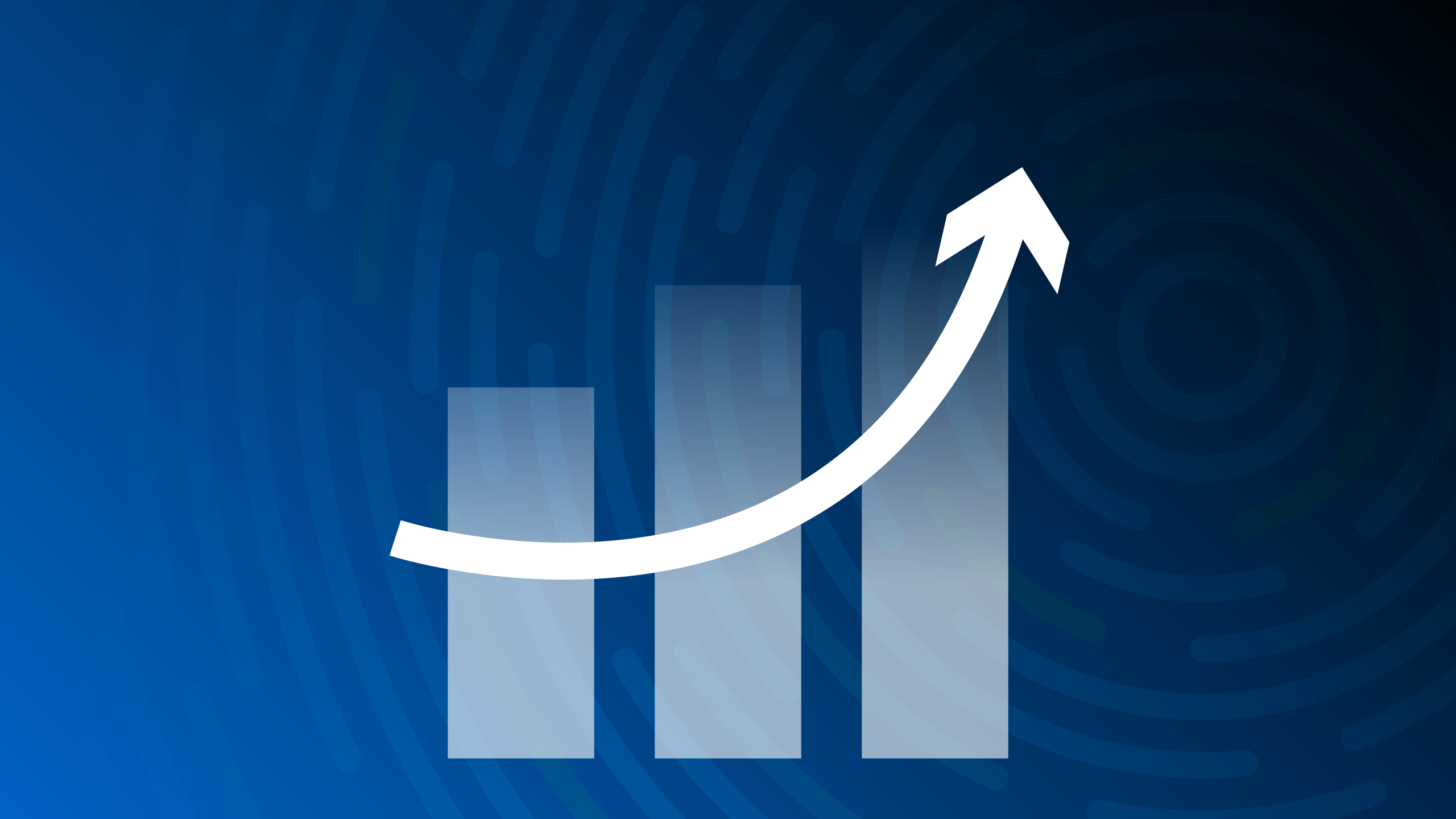 Bar graph with growth arrow against concentric circle blue to black gradient background.