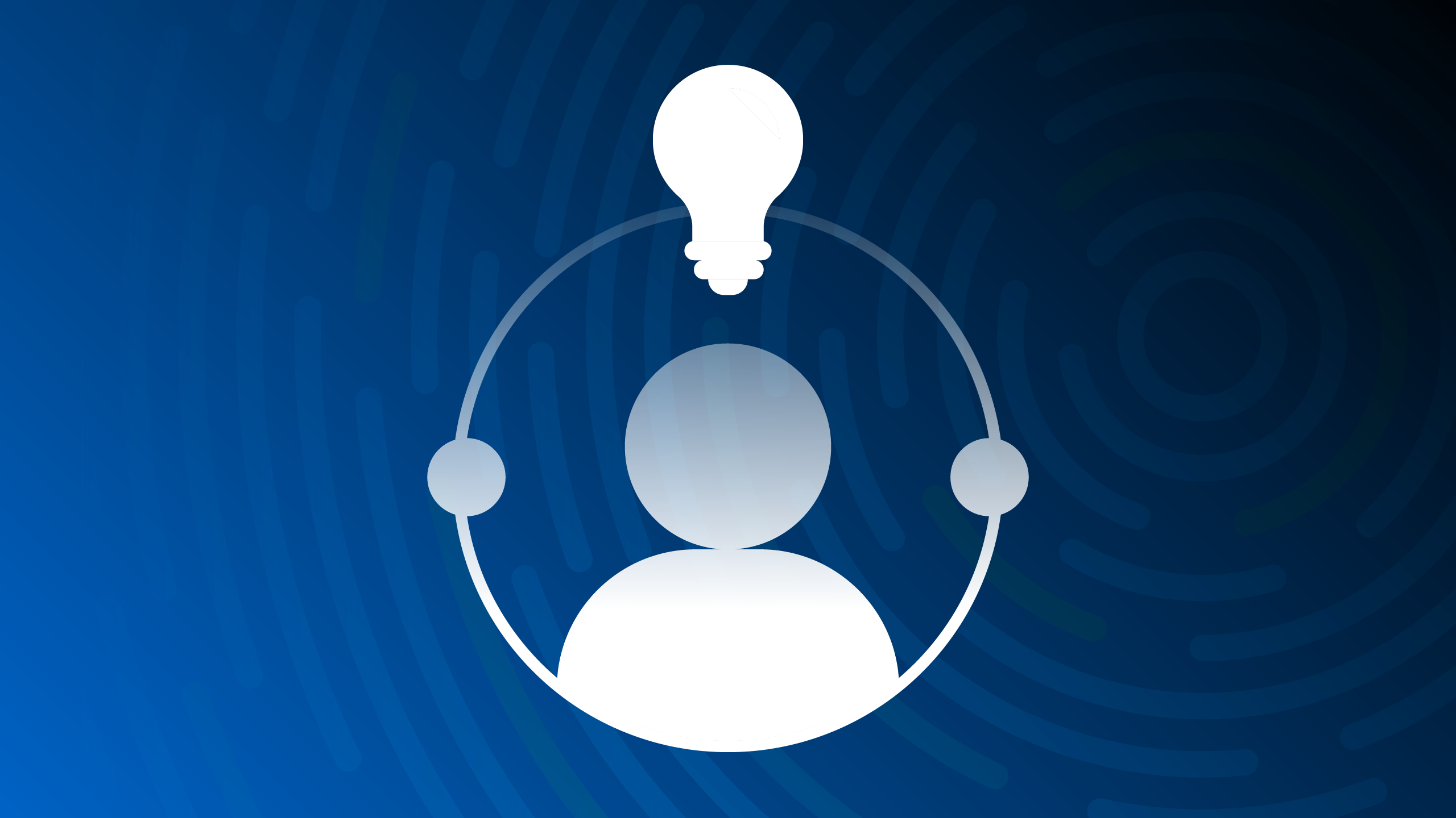 Lightbulb with silhouette icon against blue to black gradient concentric circle background.