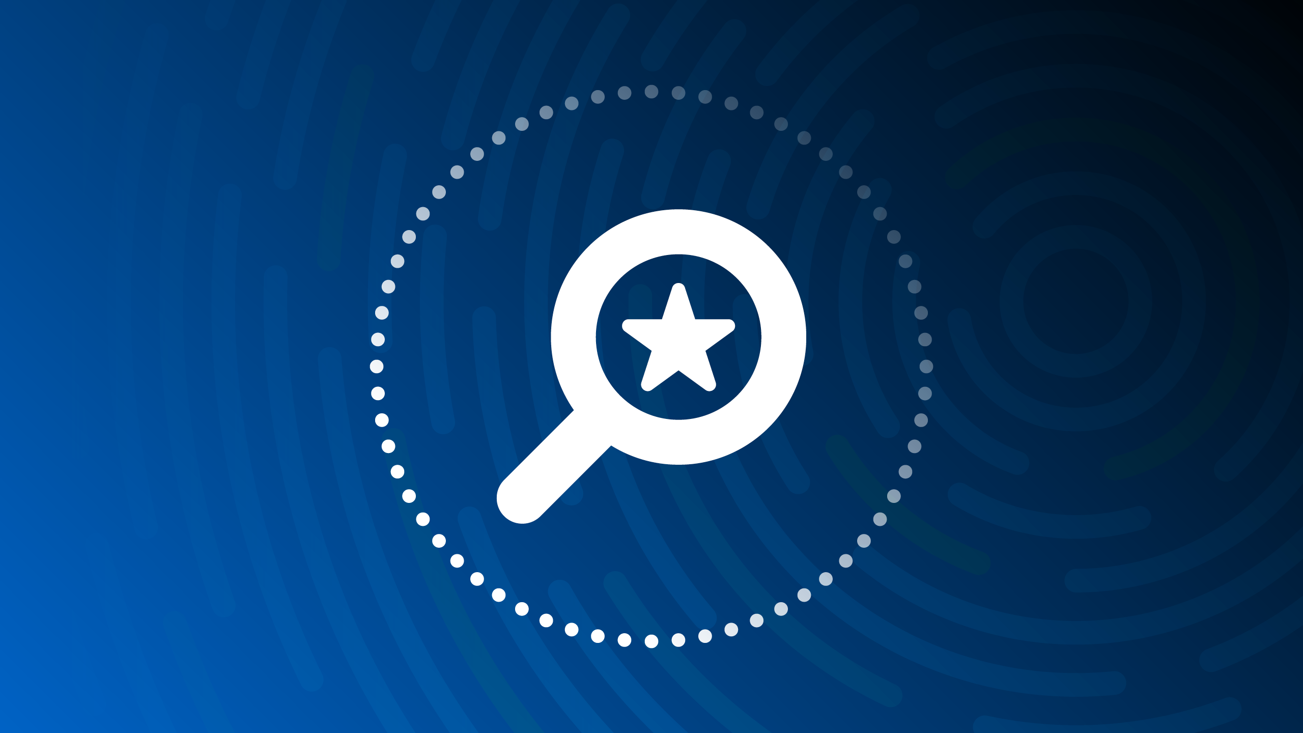 Magnifying glass with star and dotted circle. Blue to black gradient background.