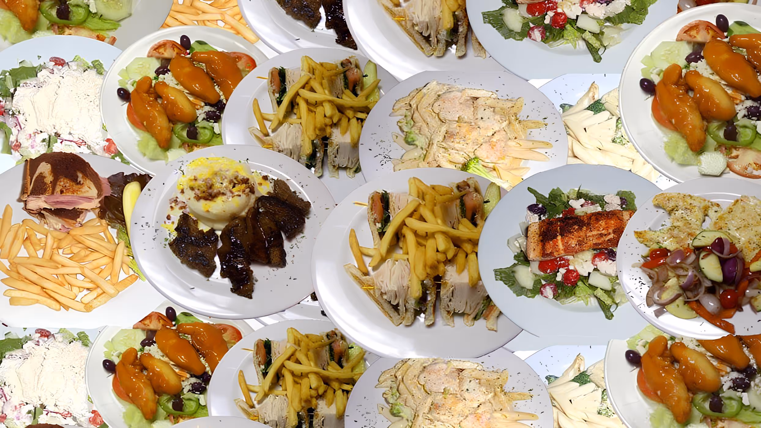 An assortment of plated dishes featuring vibrant salads, juicy meats, cheesy pasta, and crispy fries, conveying a sense of indulgence and variety.