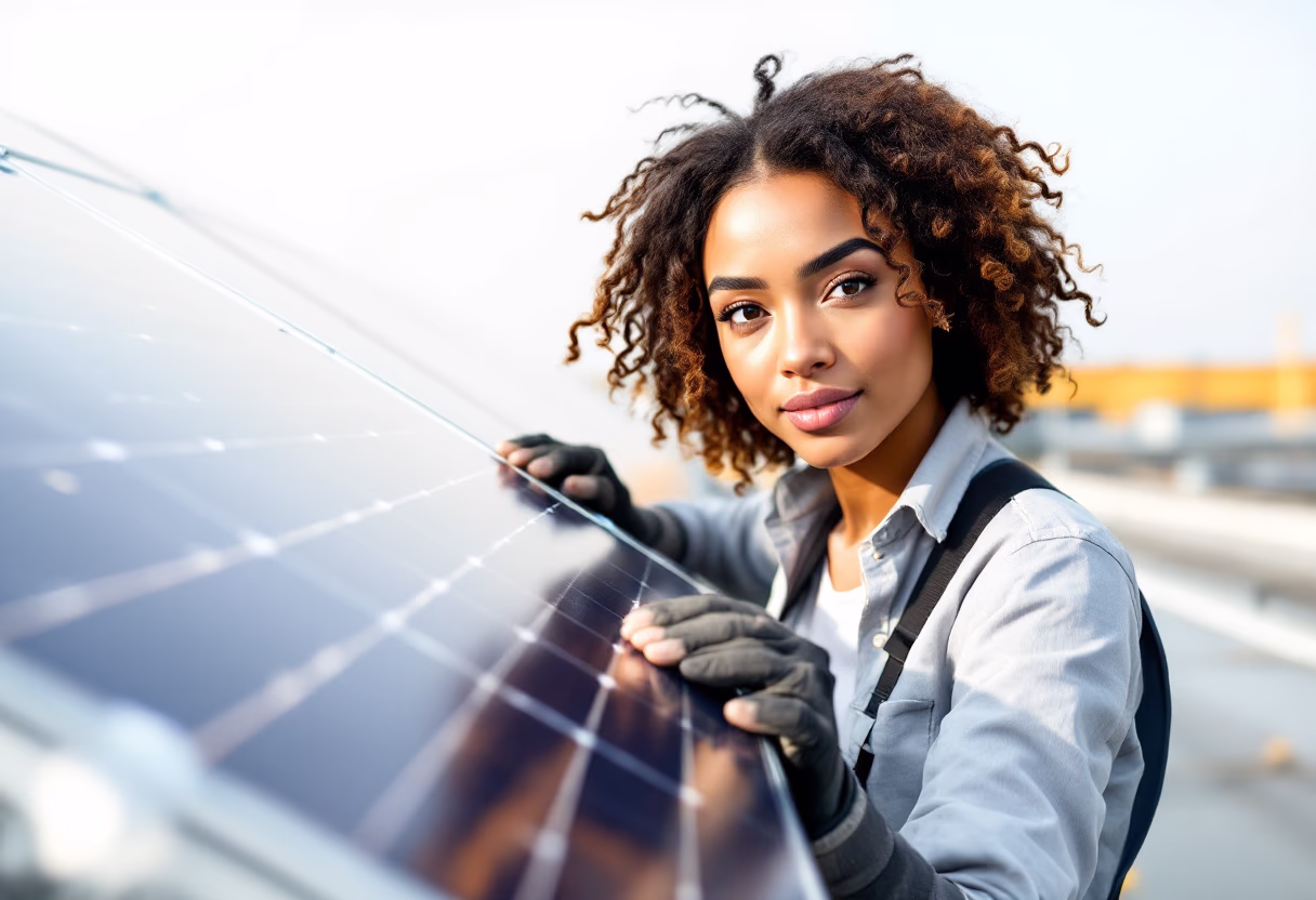 a different image of a technician installing solar panels for a green tech/cleantech company