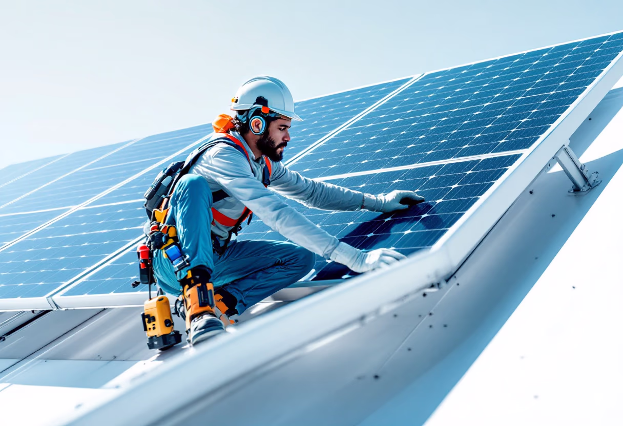 yet another image of a technician installing solar panels for a green tech/cleantech company
