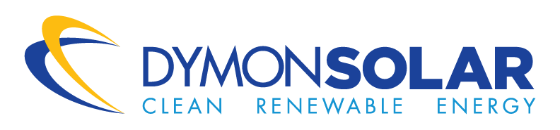 Dymon Solar Logo - Two Swooshes to the left of the word 'Dymon Solar' to the bottom it reads Clean Renewable Energy.