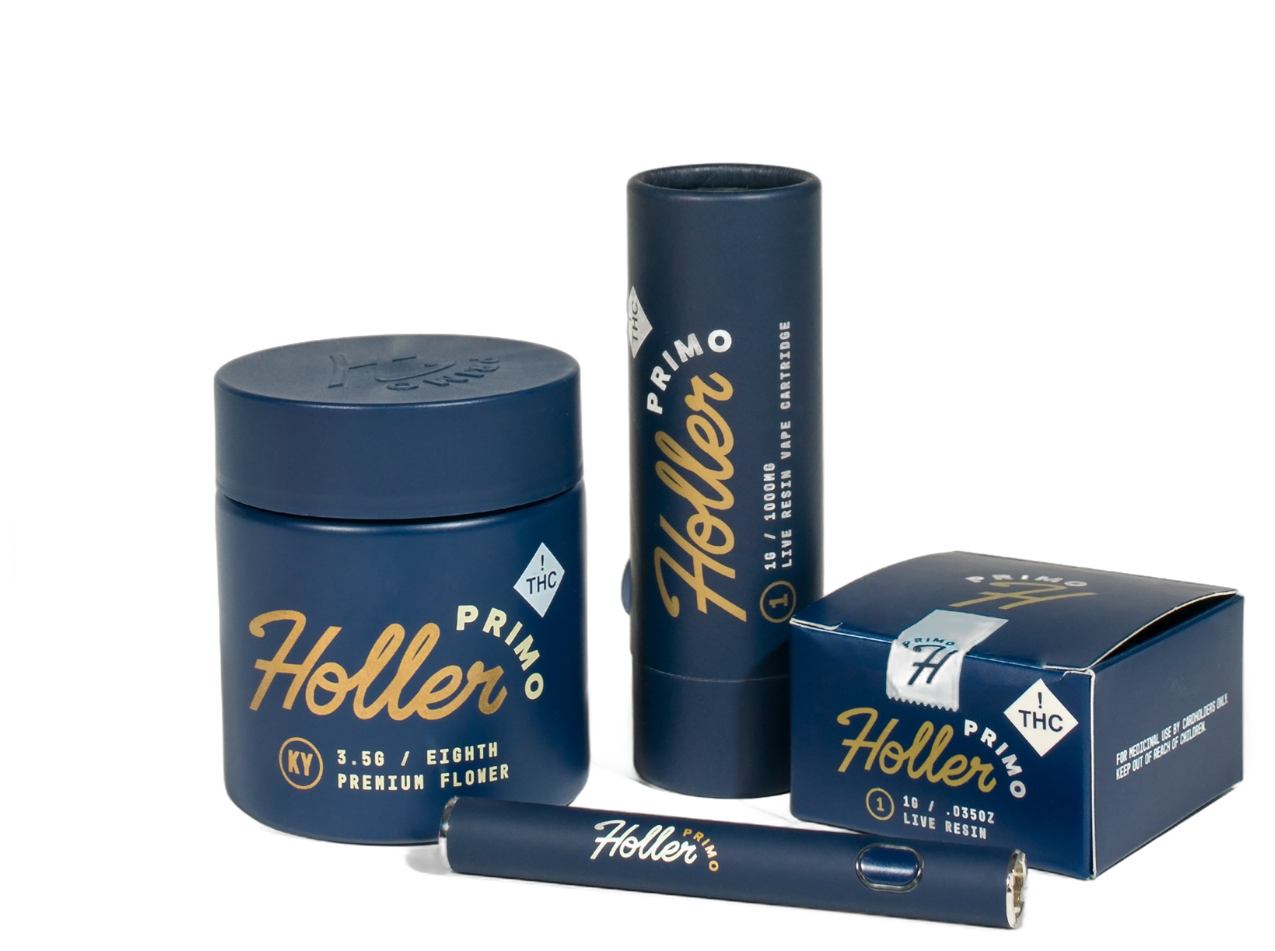 Holler Primo product lineup — premium flower jar, live resin vape cartridge, disposable vape pen, and packaging