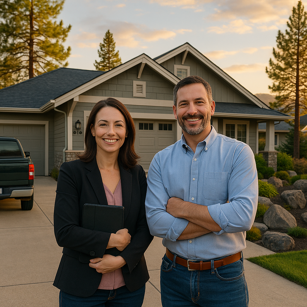 Smiling husband-and-wife business owners stand in front of a Craftsman-style Spokane Valley home at golden hour, holding a tablet and clipboard.