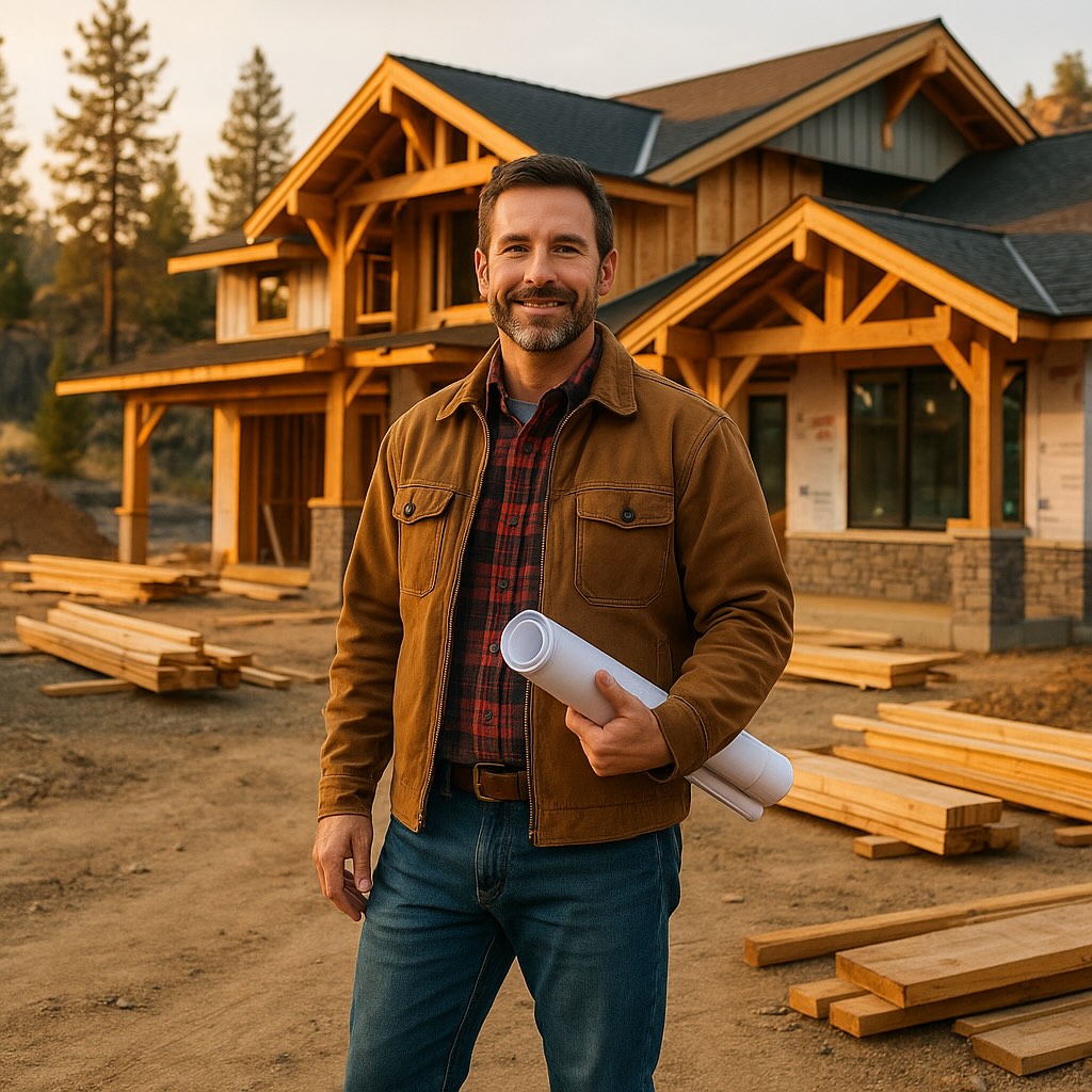 Contractor holding blueprints in front of a Spokane custom home under construction at sunset.