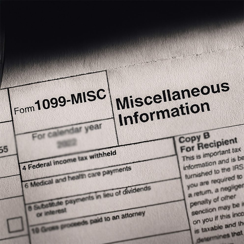 Close-up of IRS Form 1099-MISC for reporting miscellaneous income and tax information for businesses.