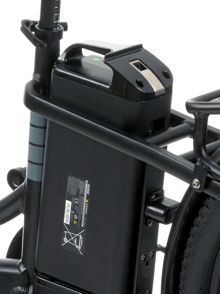 Close-up of an electric bicycle’s removable battery pack mounted on the frame, featuring a lock mechanism, handle for easy carrying, and surrounding protective frame structure.