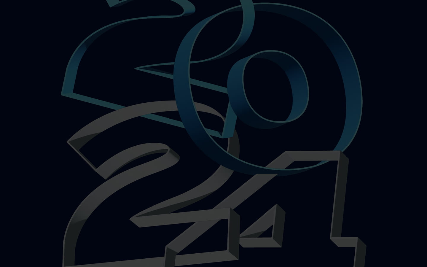 3D rendering of large dark numbers 2024 intertwined against a dark background.