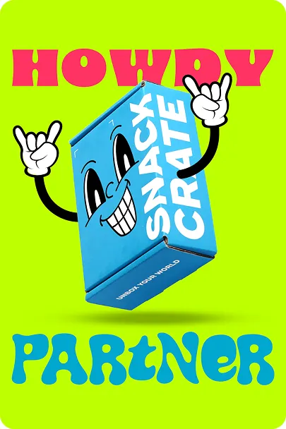 Blue smiling Snack Crate box cartoon with arms making rock-and-roll hand signs on a bright green background with text 'Howdy Partner'.