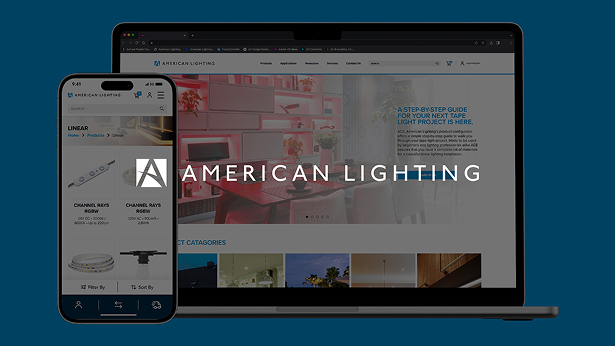 Laptop and smartphone displaying American Lighting website with product listings and logo.