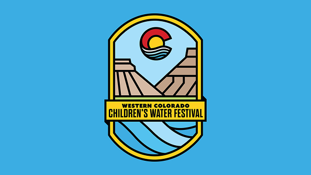 Logo for Western Colorado Children's Water Festival featuring stylized canyon walls, water waves, and a sun with a red, yellow, and blue design on a blue background.