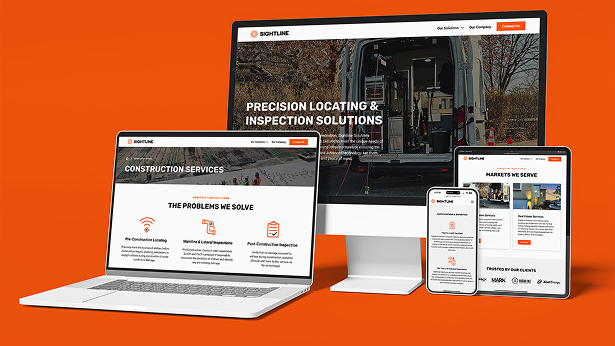 Multiple devices including desktop, laptop, tablet, and smartphone displaying Sightline website pages on an orange background.