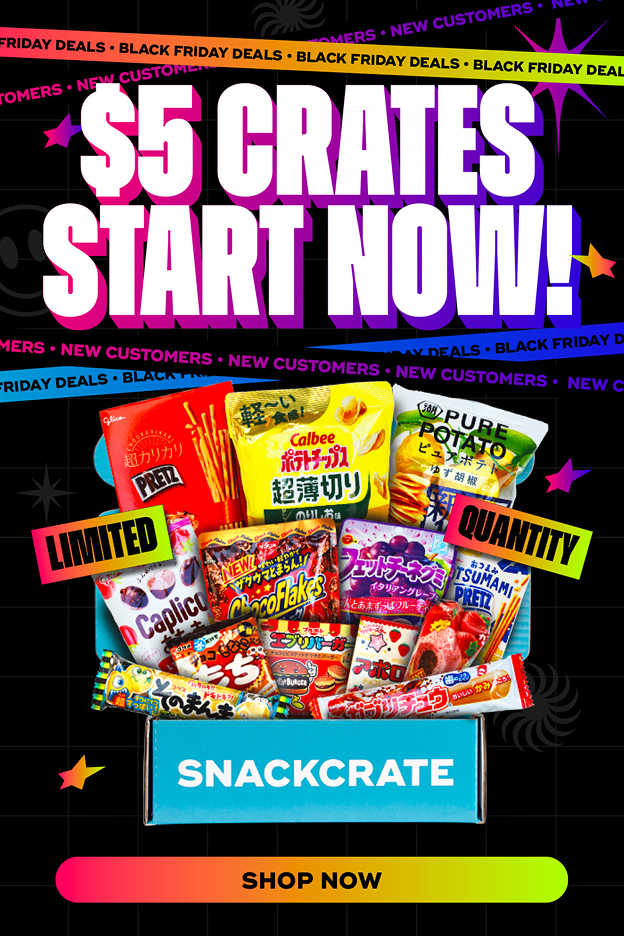 Advertisement for $5 SnackCrate boxes with assorted colorful Japanese snacks, limited quantity, and a shop now button.
