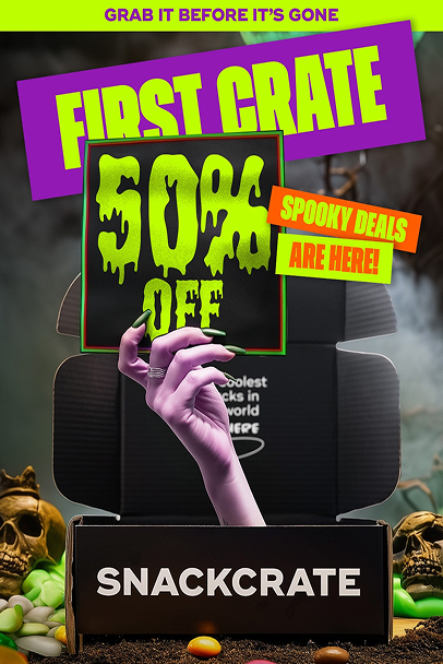 Purple zombie hand holding a sign showing 50% off with text 'First Crate' and 'Spooky Deals Are Here!' over a partially opened SnackCrate box surrounded by Halloween decorations.