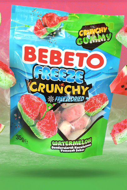 Bebeto Freeze Crunchy freeze-dried watermelon gummy candy in a colorful green and blue package.