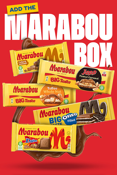 Marabou chocolate bars including Fudge & Nougat, Japp Peanut Caramel, Toffee Whole Nut, Oreo Filled, and Daim flavors on a red background with chocolate swirls.