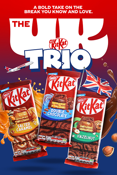 Advertisement featuring three Nestlé KitKat Trio chocolate bars in Salted Caramel, Double Chocolate, and Hazelnut flavors with a London-themed airplane and British flag on a red and blue background.