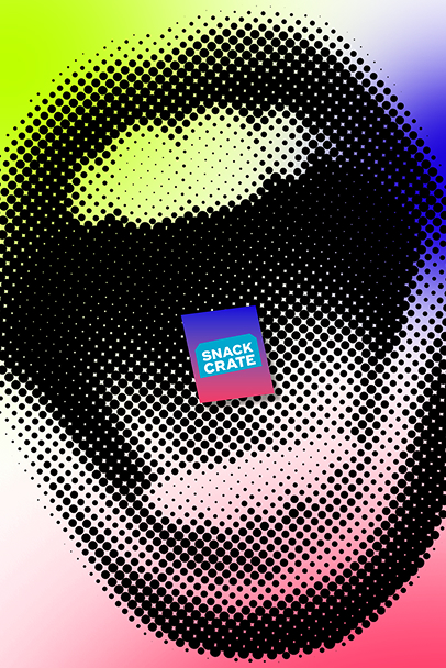 Pop art style close-up of lips with a colorful Snack Crate logo square at the center.