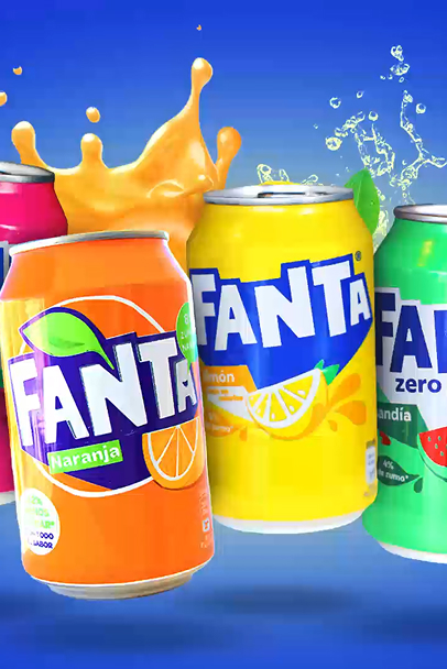 Three Fanta soda cans in orange, lemon, and watermelon flavors with splashes of liquid behind them against a blue background.
