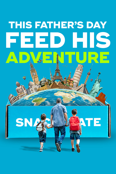Father and two children walking towards a large SnackCrate box with world landmarks above it and text reading 'This Father's Day Feed His Adventure'.