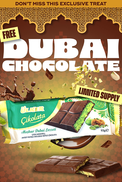 Chocolate bars with green pistachio filling, Ülker Çikolata packaging labeled Dubai Chocolate with pistachio nuts scattered around.