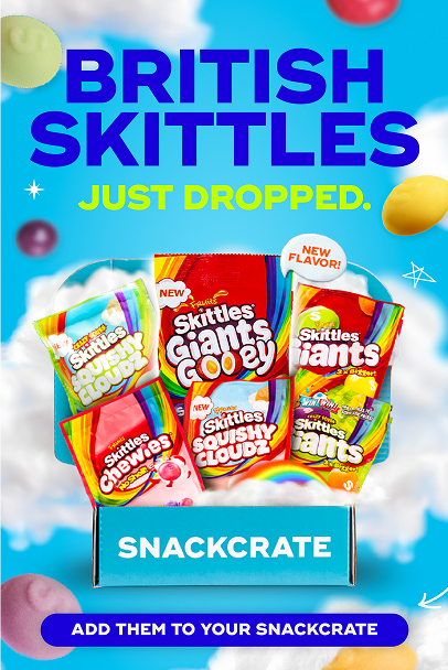 SnackCrate box filled with various new British Skittles flavors against a blue sky background, featuring bold text 'BRITISH SKITTLES JUST DROPPED' and a call to action button.
