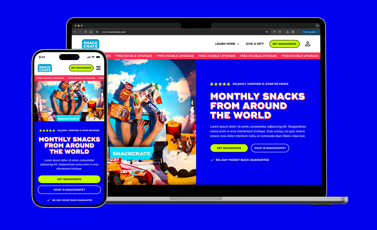 SnackCrate website homepage displayed on a laptop and smartphone, featuring colorful snack packages and text about monthly snacks from around the world with call-to-action buttons.