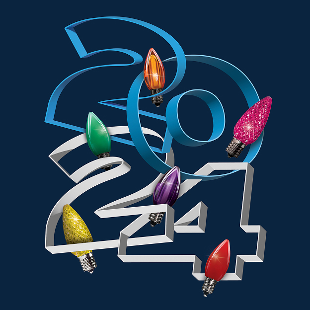 3D blue and white numbers forming 2024 with colorful Christmas light bulbs around them on a dark blue background.