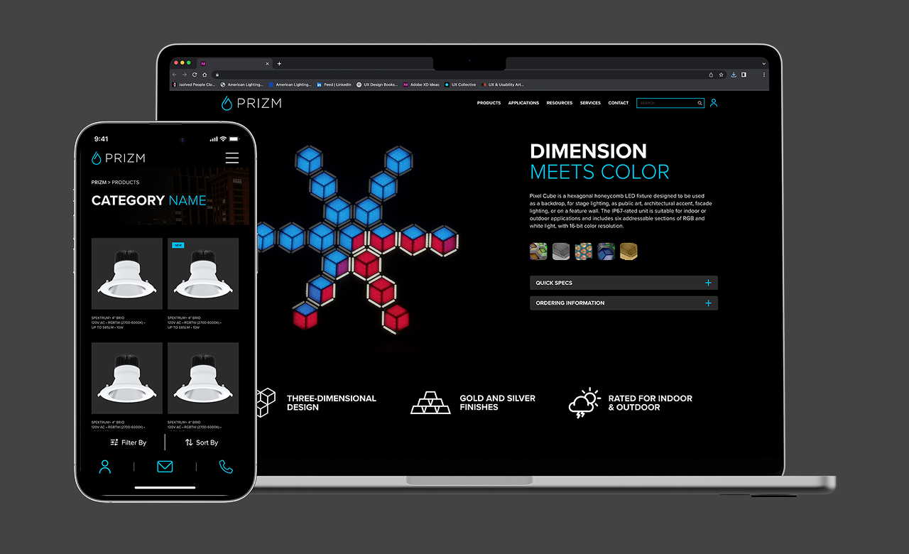 Laptop and smartphone displaying PRIZM website with hexagonal LED lighting product details and product category thumbnails.