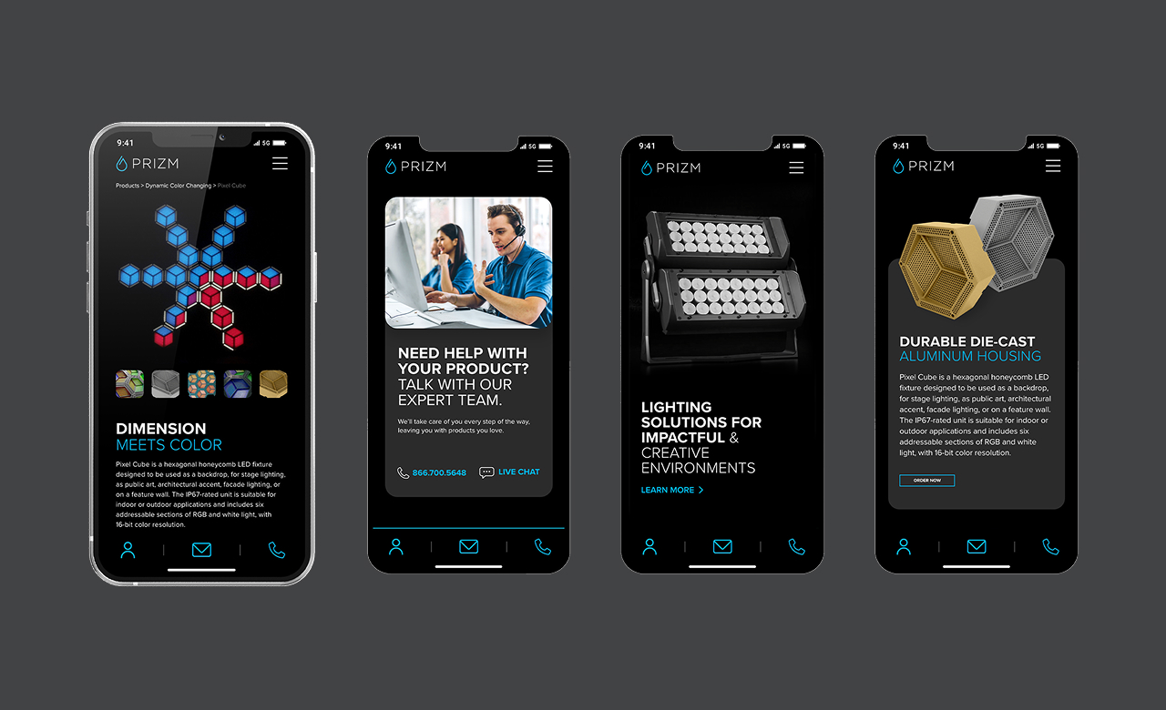 Four smartphone screens displaying PRIZM app pages: dynamic color-changing pixel cube, expert help chat, lighting solutions, and durable die-cast aluminum housing.