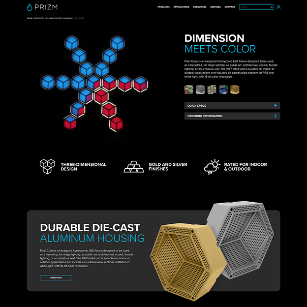 PRIZM product page showing hexagonal pixel cube LED fixtures in blue and red, highlighting three-dimensional design, gold and silver finishes, and durable die-cast aluminum housing.
