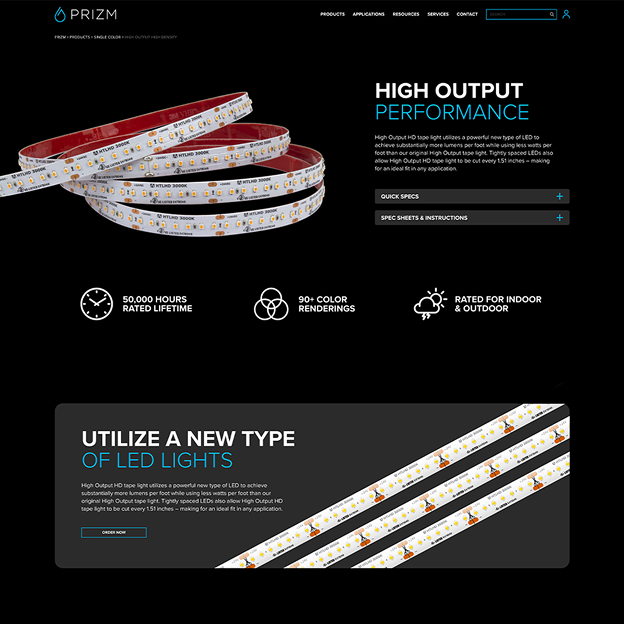 Coiled flexible LED strip light shown on a black background with text highlighting high output performance, 50,000 hours rated lifetime, 90+ color renderings, and suitability for indoor and outdoor use.