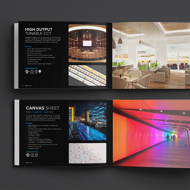 Open brochure spread displaying lighting product information; left pages describe features and show indoor lighting scenes, right pages have photos of modern interiors and colorful illuminated tunnel.