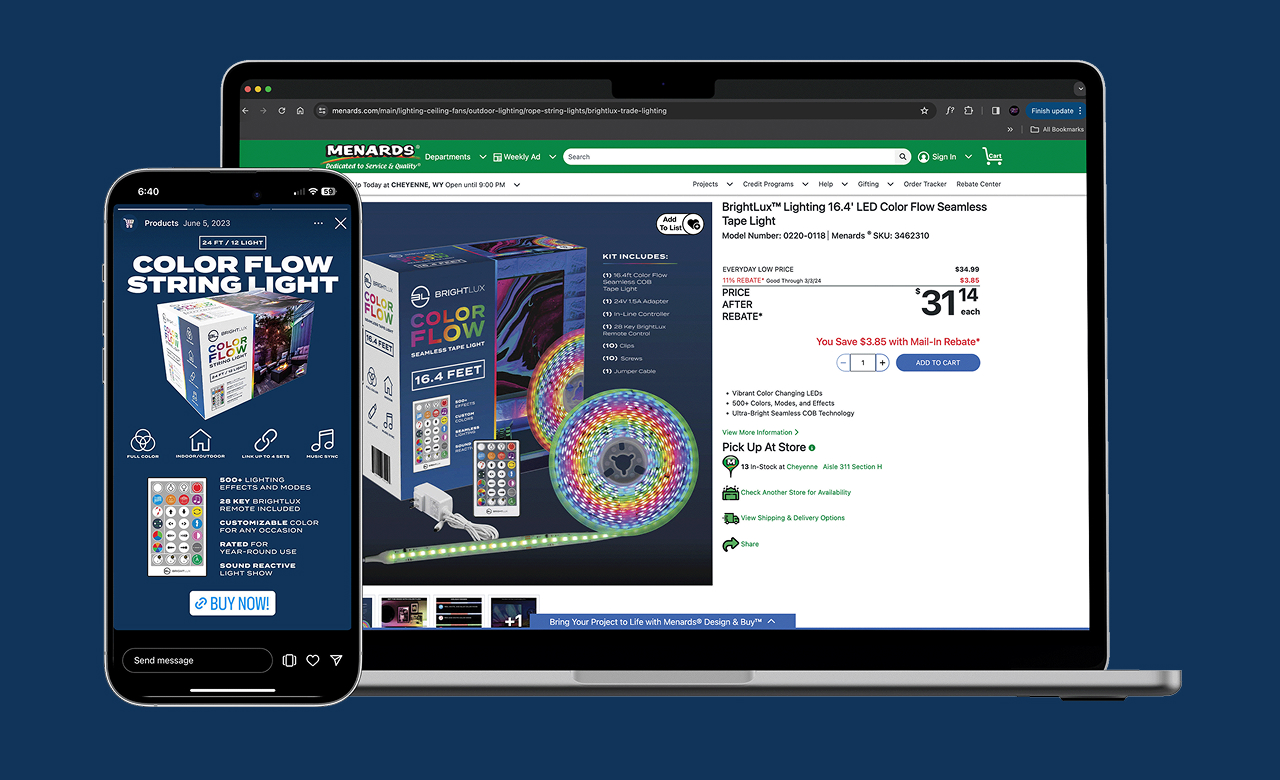 Laptop and smartphone displaying Menards online product page for BrightLux 16.4-foot LED Color Flow seamless tape light with product image, price, and purchase options.
