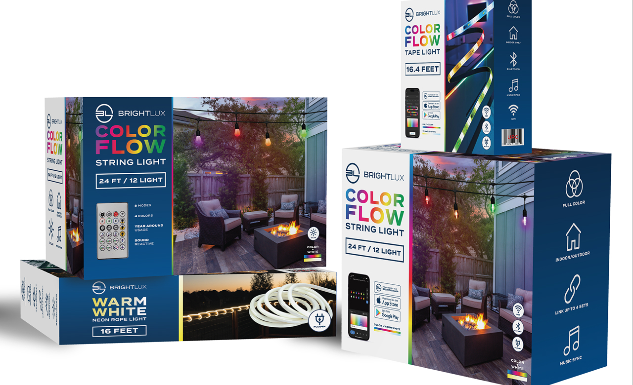 Brightlux Color Flow string light and Warm White neon rope light packaging showing outdoor patio with colorful and warm white lights.