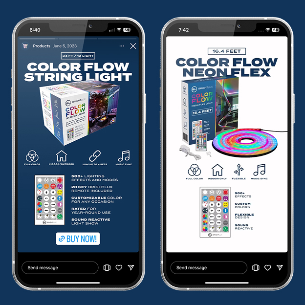 Two smartphones display product ads for Brightlux lighting: one for a 24-foot Color Flow String Light and one for a 16.4-foot Color Flow Neon Flex with remote controls and product features.