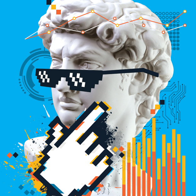 Classical marble bust of a man wearing pixelated 'deal with it' sunglasses, overlaid with a large pixelated computer cursor hand and colorful data graphs on a blue background.