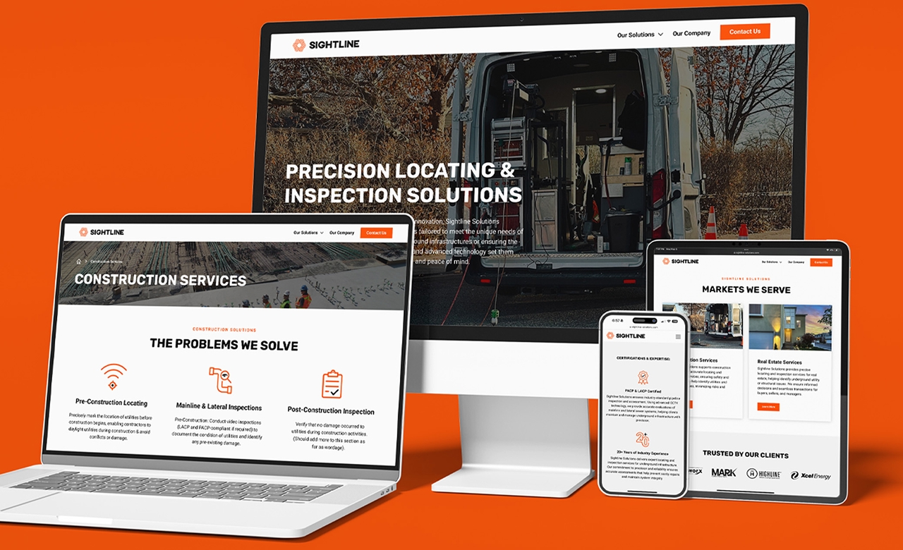 Multiple devices showing Sightline Solutions website screens on precision locating, construction services, and markets served against an orange background.